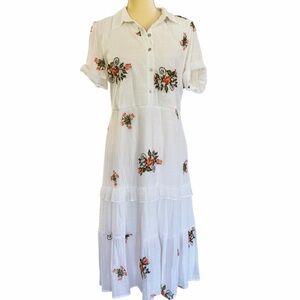 fig and flower White Midi Dress with Pink Floral Embroidery